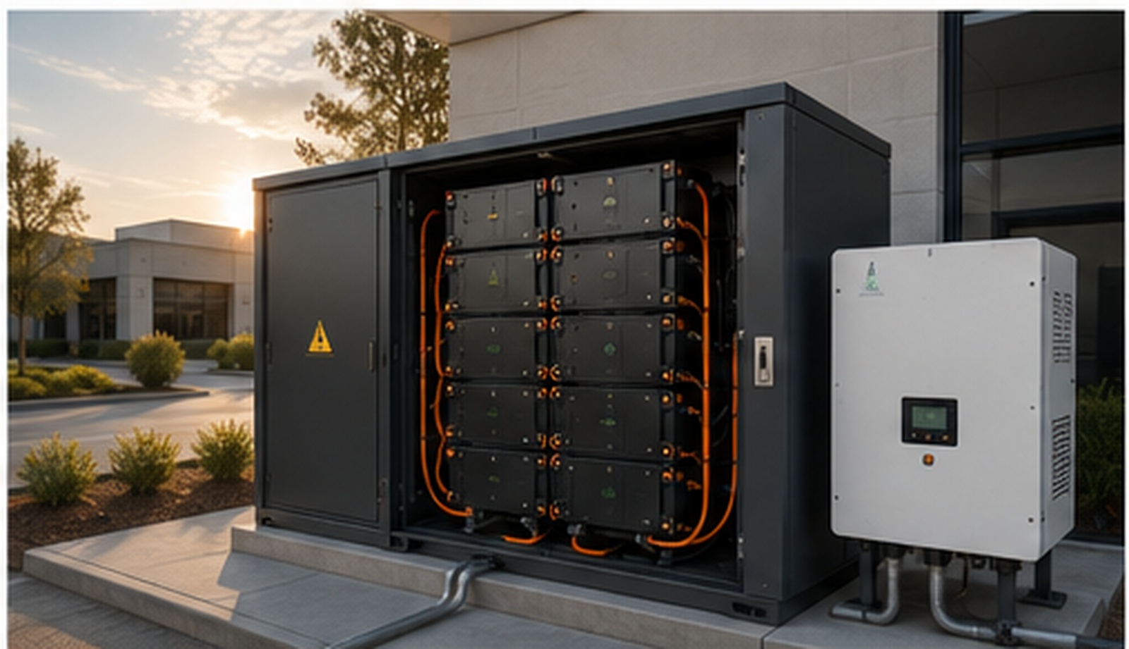Conceptual outdoor stationary energy storage enclosure with a complete battery system and external bidirectional power equipment.