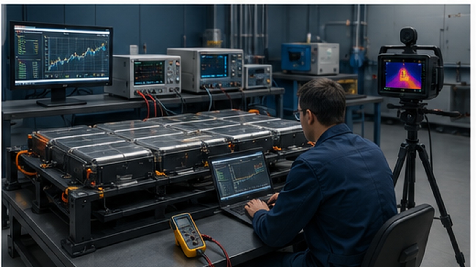 Conceptual battery qualification laboratory with a complete EV battery pack undergoing electrical and thermal evaluation.