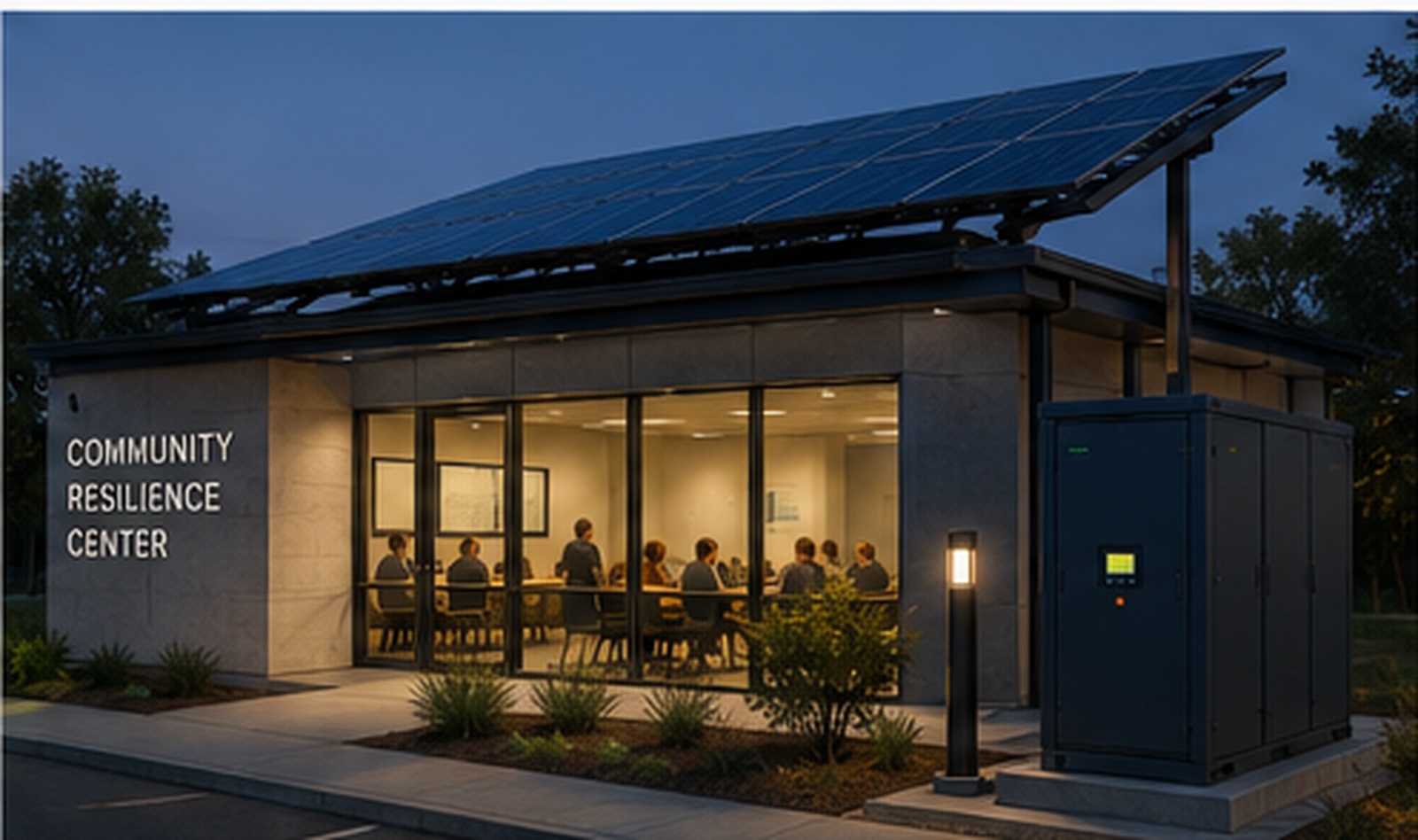 Conceptual California community resilience center with solar generation and outdoor stationary battery storage.