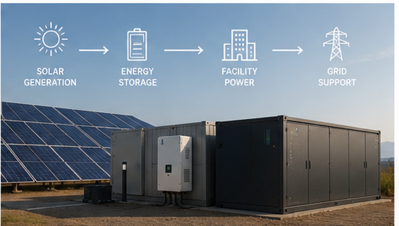 Conceptual solar and battery energy system supporting facility loads and grid interaction.