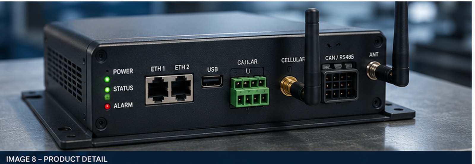 Conceptual rugged industrial energy controller with wired communication ports, cellular antennas, status indicators, and industrial I/O.